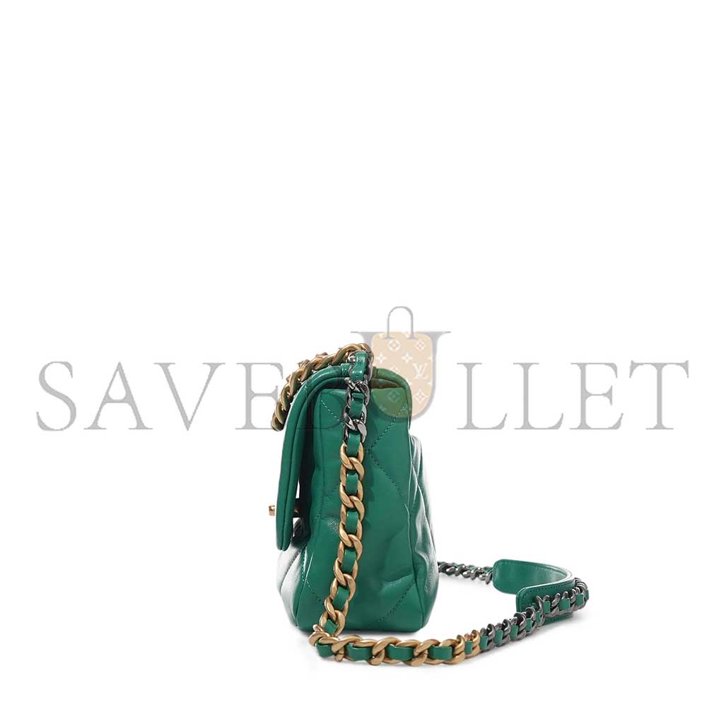 Ch*el green quilted lambskin Ch*el 19 flap gold and ruthenium hardware as1160 (26*16*9cm)